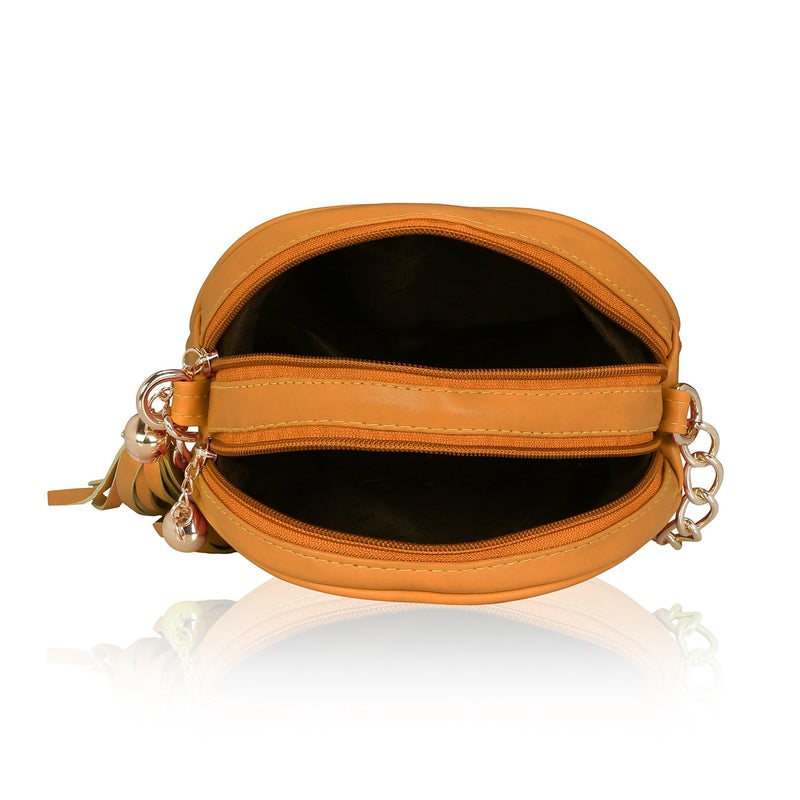 KLEIO Women's Stylish Round Double Compartment Laser Cut Cross Body Sling Bag with Tassel - Image 4